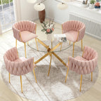 Gold Luxury Round Glass Dining Table Set for 2, 3 Pcs Clear Circle Glass Top Dinner Room Set, 36'' Modern Minimalist Circular Kitchen Table Set, Pink Woven Chair, for Small Place Apartment