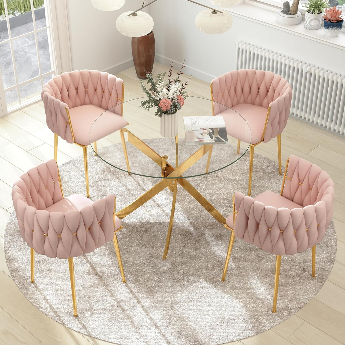 Gold Luxury Round Glass Dining Table Set for 2, 3 Pcs Clear Circle Glass Top Dinner Room Set, 36'' Modern Minimalist Circular Kitchen Table Set, Pink Woven Chair, for Small Place Apartment