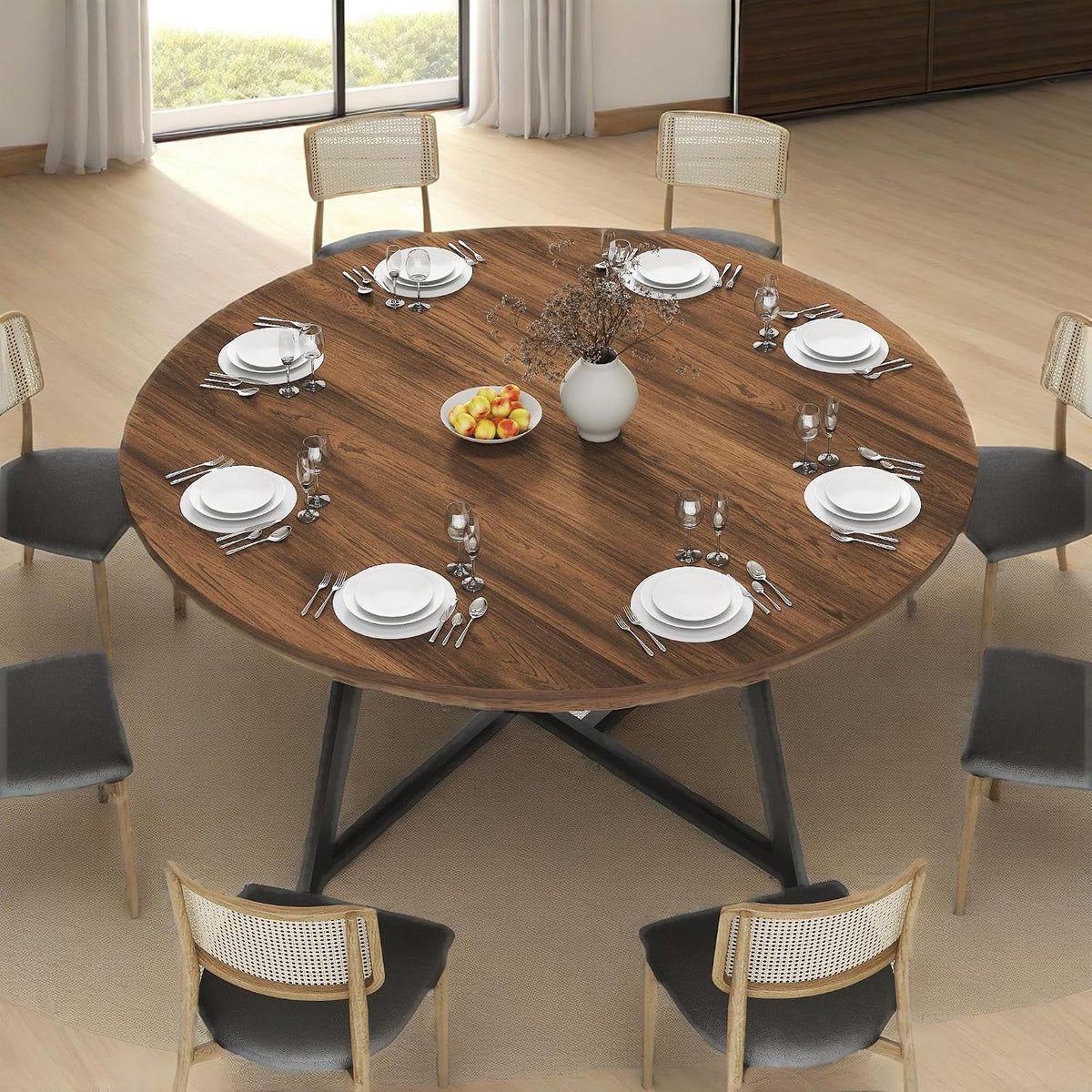 59" Round Dining Table for 6-8, Modern Kitchen Table with Steel Base, Dining Room Tables for Kitchen, Dark Brown