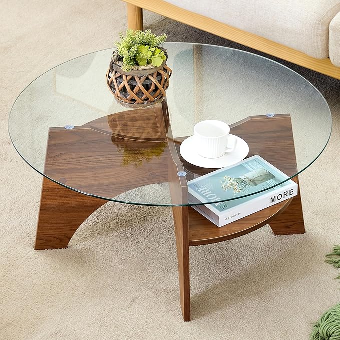 31.5" Round Glass Coffee Table with Tempered Glass Top and MDF Base, Diagonal Fan-Shaped Tray Design Table Leg Simple & Modern Center Table for Living Room Office Apartment Walnut