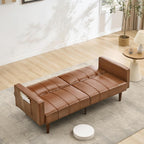 Garvee Modern Futon Sofa Bed, Convertible 75" Sleeper with Adjustable Backrest & Side Pockets, Mid-Century Brown PU Leather