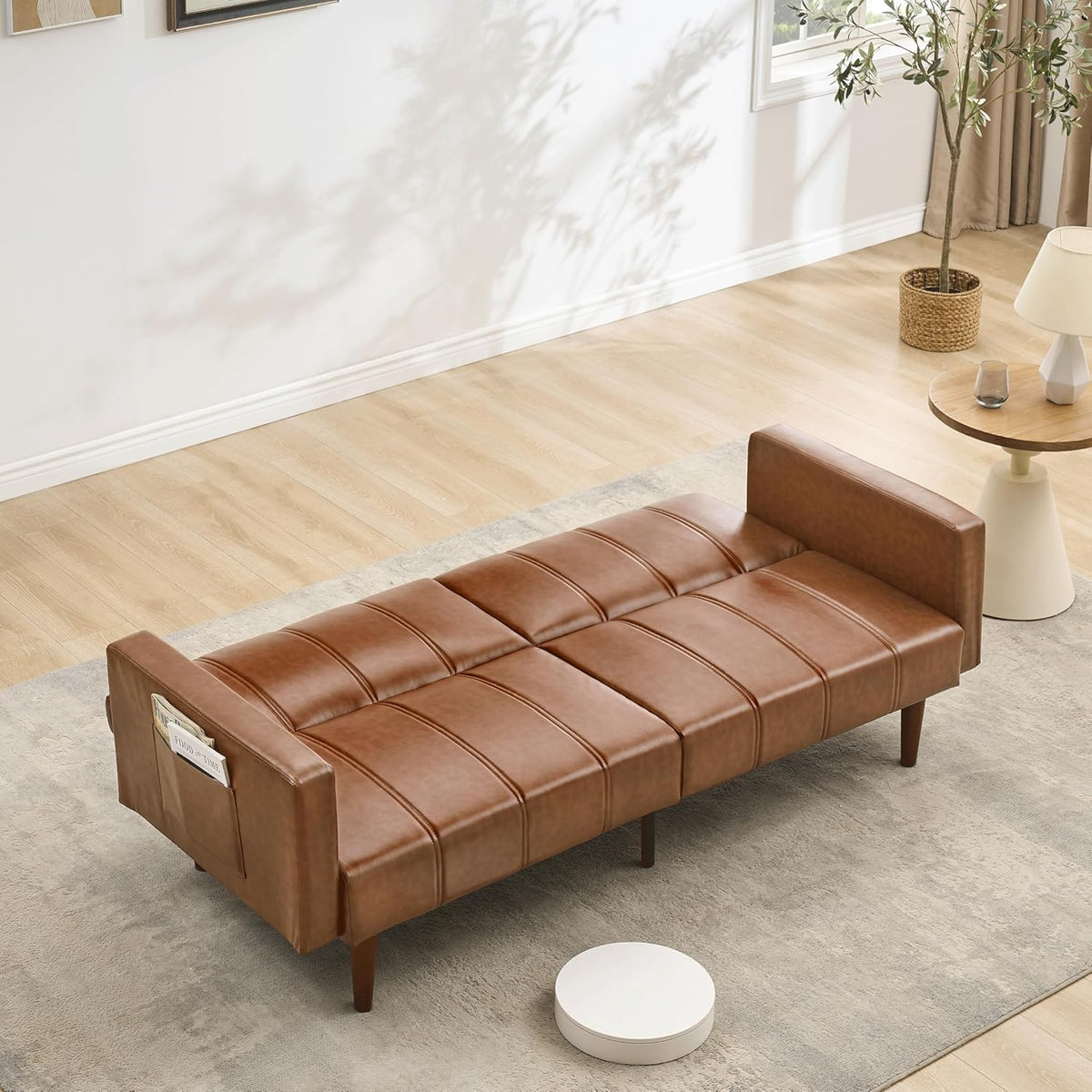 Garvee Modern Futon Sofa Bed, Convertible 75" Sleeper with Adjustable Backrest & Side Pockets, Mid-Century Brown PU Leather