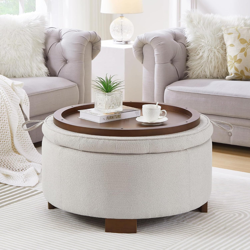 30'' Round Ottoman with Storage, Oversized Ottoman Coffee Table with Reversible Lid and Wooden Legs, Boucle Upholstered Tufted Footstool, Dual-Purpose Seat & Table for Living Room Bedroom, Beige