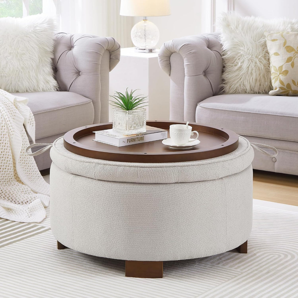 30'' Round Ottoman with Storage, Oversized Ottoman Coffee Table with Reversible Lid and Wooden Legs, Boucle Upholstered Tufted Footstool, Dual-Purpose Seat & Table for Living Room Bedroom, Beige