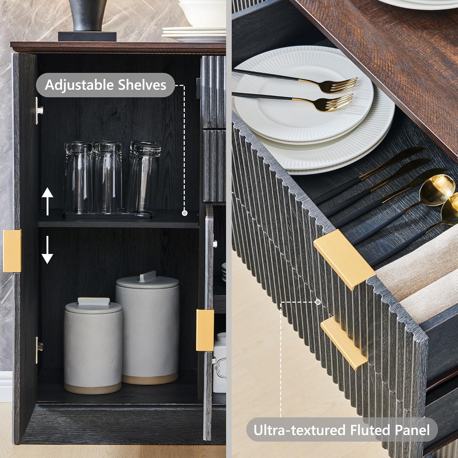 IFGET Fluted Buffet Cabinet with Storage, Sideboard Cabinet with Adjustable Shelves, Wood Rustic Coffee Bar with 2 Drawer and 4 Doors, Wine Bar for Kitchen, and Living Room, Dark Gery