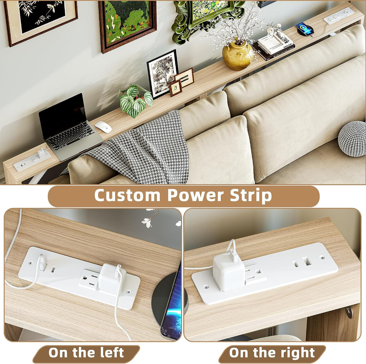 TIQLAB 5.9 Inch Narrow Console Table with Power Outlet,Sofa Table Set of 2，Total Length 94'' Sofa Table Behind Couch，for Entryway&Living Room, Light Walnut