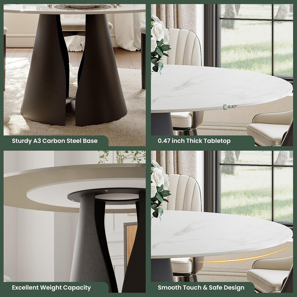 POVISON 59" Modern Round Dining Table, Marble Round Dining Room Table for 6, Matte White Sintered Stone Tabletop with Black Carbon Steel Pedestal, Circle Dining Table for Kitchen Room (Table Only)