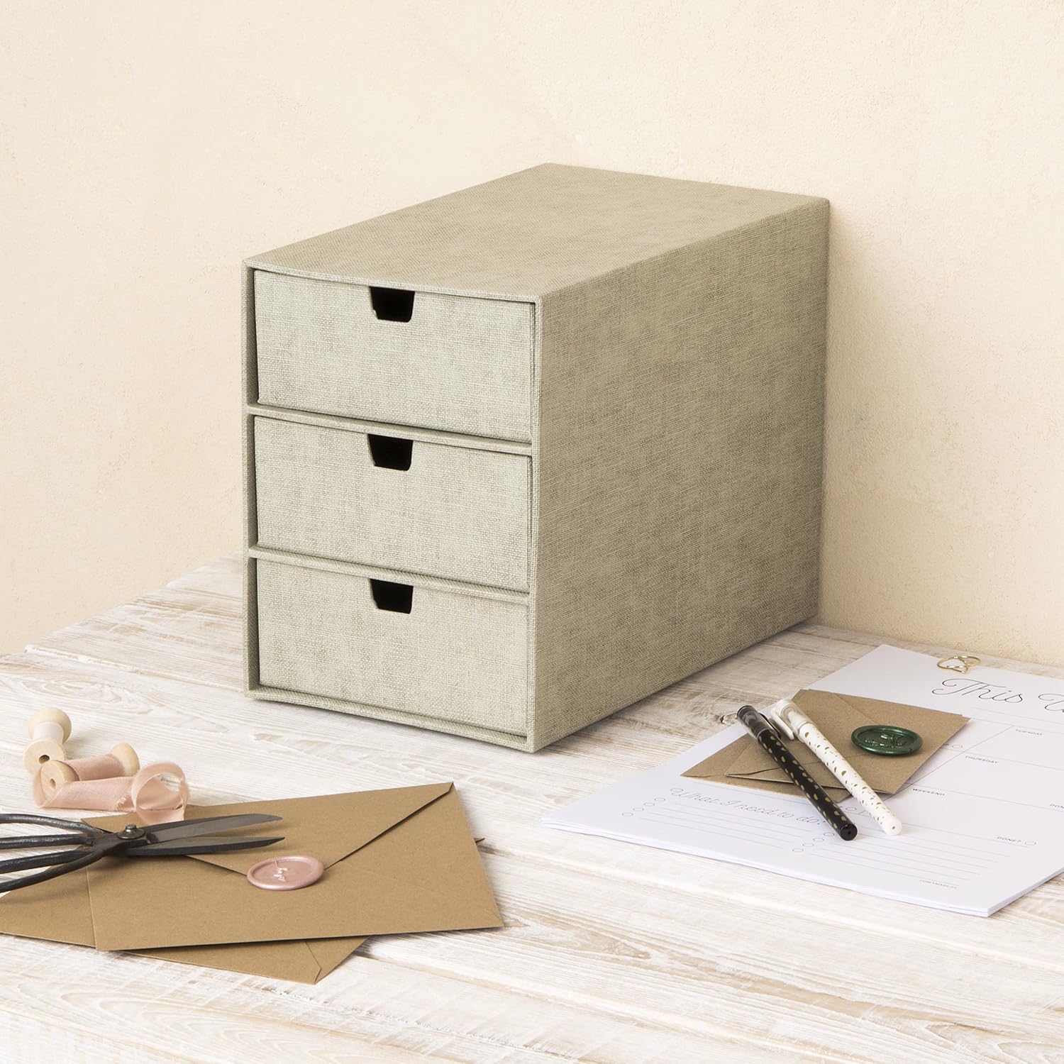 Bigso Box of Sweden 3-Tier Desktop Drawers - Desk Tidy Organiser for Stationery Storage - Paper Mini Filing Cabinet in Fibreboard and Paper in Linen Look - Beige