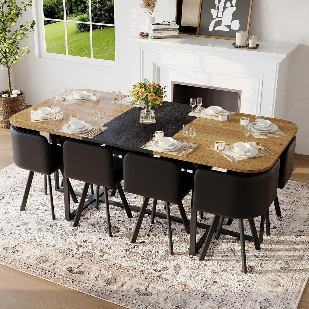 Dining Table Set for 8, 79" Large Dining Room Table Set for 8, Modern Farmhouse Kitchen Table Set for 8, Space Saving Wood Rectangular Dining Room Table with 8 Chairs for Home Gatherings