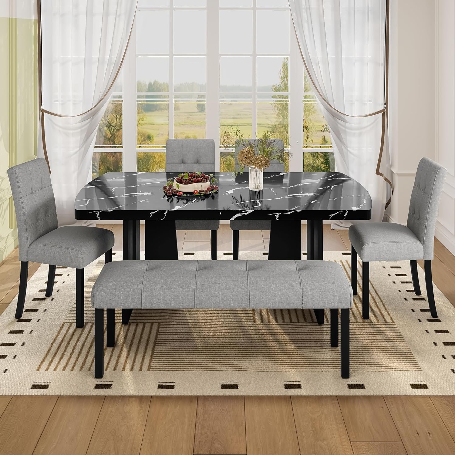 GDFStudio Upholstered Dining Bench with Tufted Linen Seat and Rubber Wood Frame, Modern Entryway Bench Seating for Kitchen Bedroom Living Room, Comfortable Padded Bench, Gray