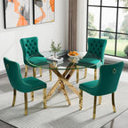 Round Glass Dining Table Set for 4, Small Kitchen Table Set for 4, 47" Circle Glass Dinner Table and Green Velvet Chairs Set of 4,5 Piece Round Dining Room Table Set for Dinette Breakfast Cafe Party