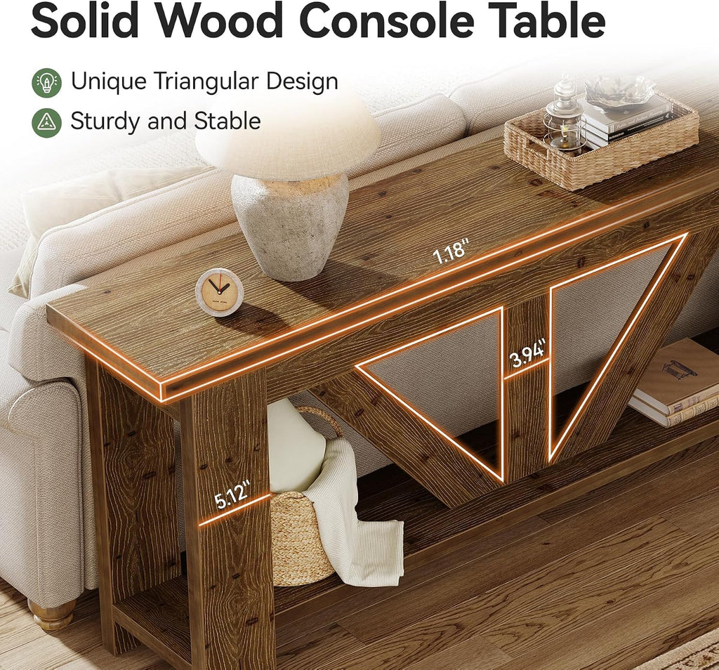 Solid Wood Sofa Table, 70.9 Inches Extra Long Console Table with 2 Tiers Storage Shelves, Rustic Entryway Table Behind Couch Table for Living Room, Hallway, Foyer, Brown