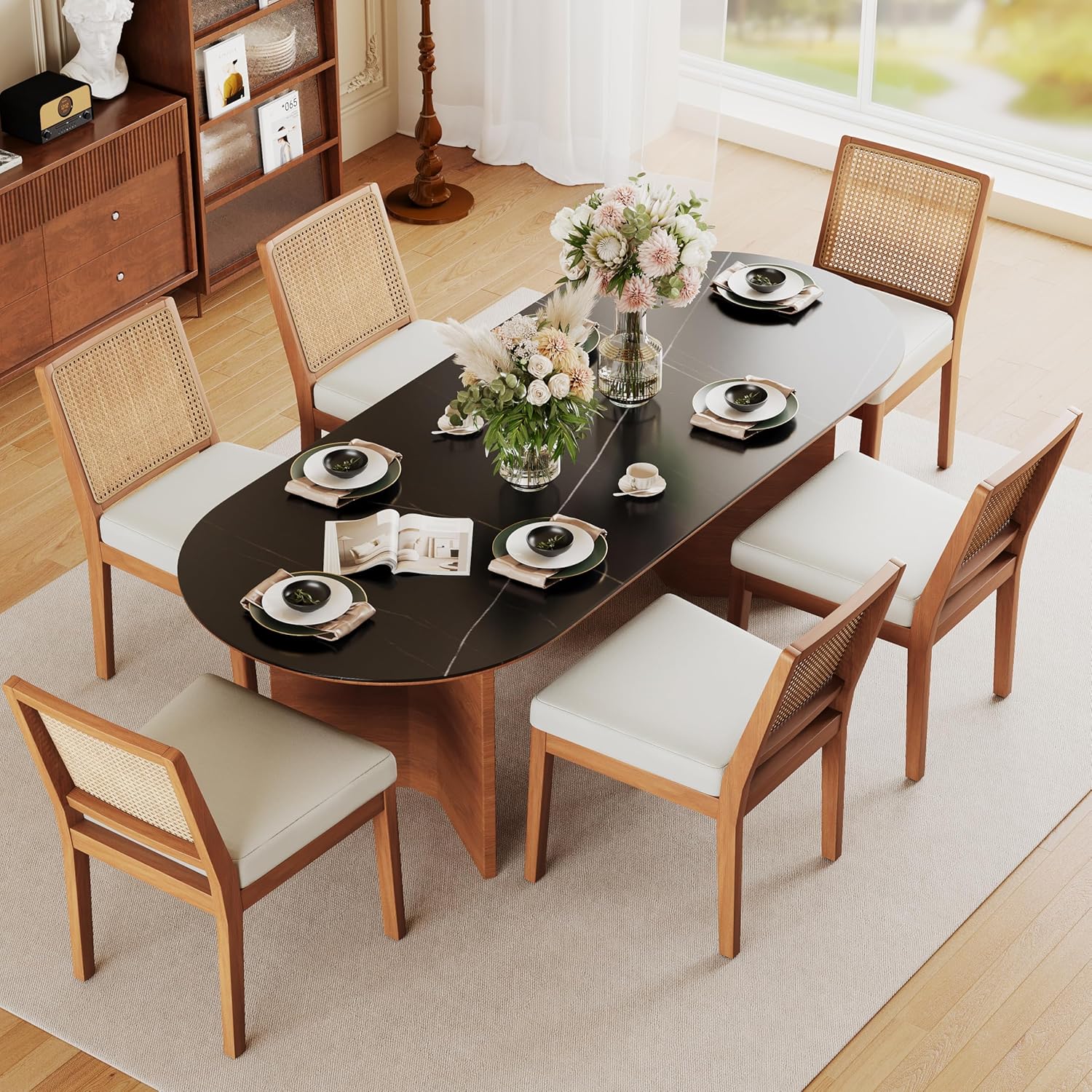 Andeworld Farmhouse Natural Rattan Dining Chairs Set of 6, Upholstered Mid Century Modern Kitchen Dining Room Side Chairs, Armless Faux Leather Kitchen Chairs with Wood Frame, Beige