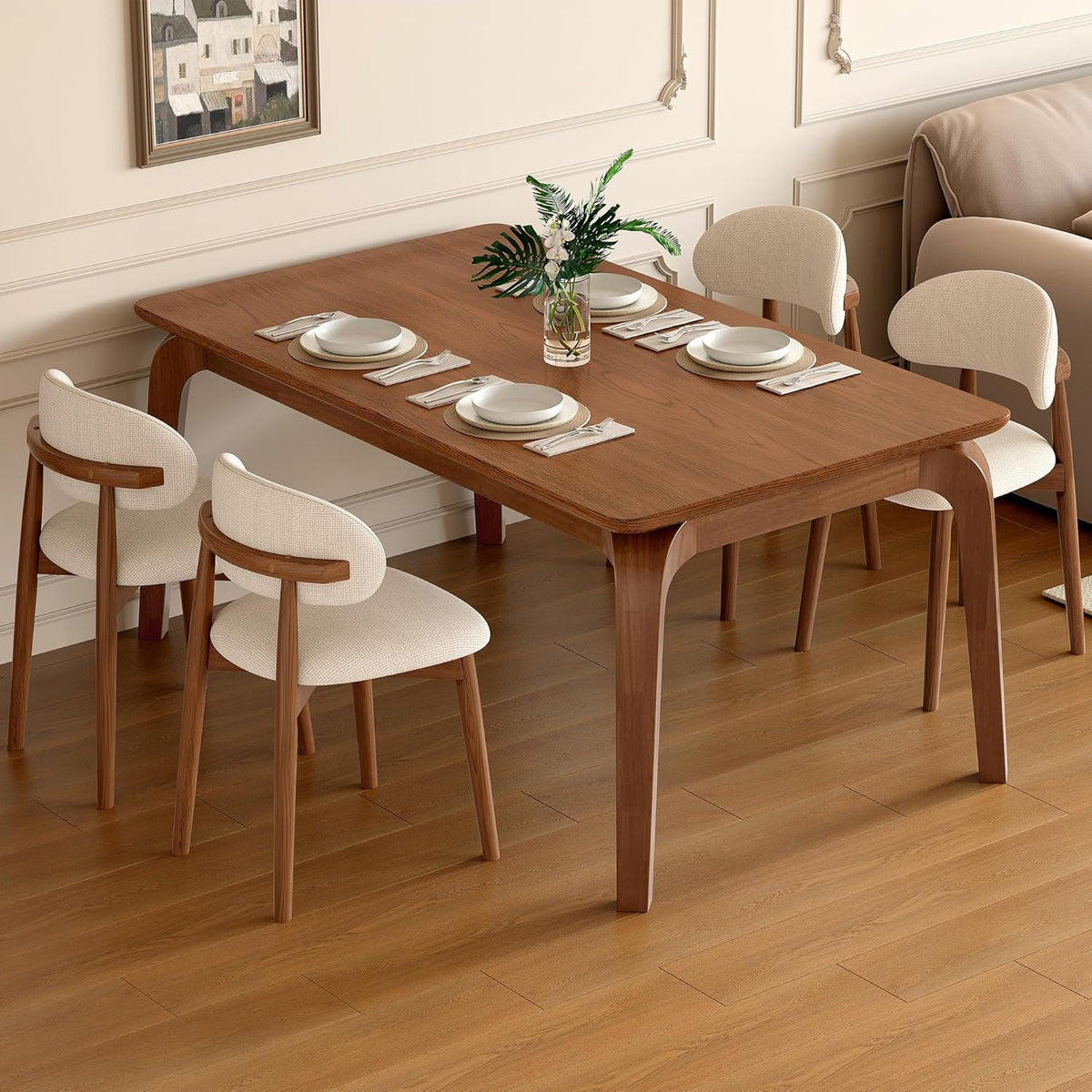 47'' Solid Wood Dining Table for 4 People, Modern Dining Table with Curved Transitions, Farmhouse Kitchen Table for Dining Room, Living Room, Kitchen (Walnut, Table only, Rubberwood)