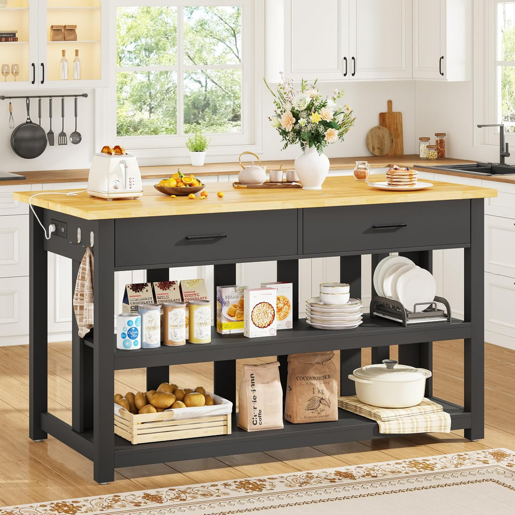Kitchen Island with Storage for Kitchen Dining Room (Black) | Charging outlet, 2 Drawers and 6 Hook