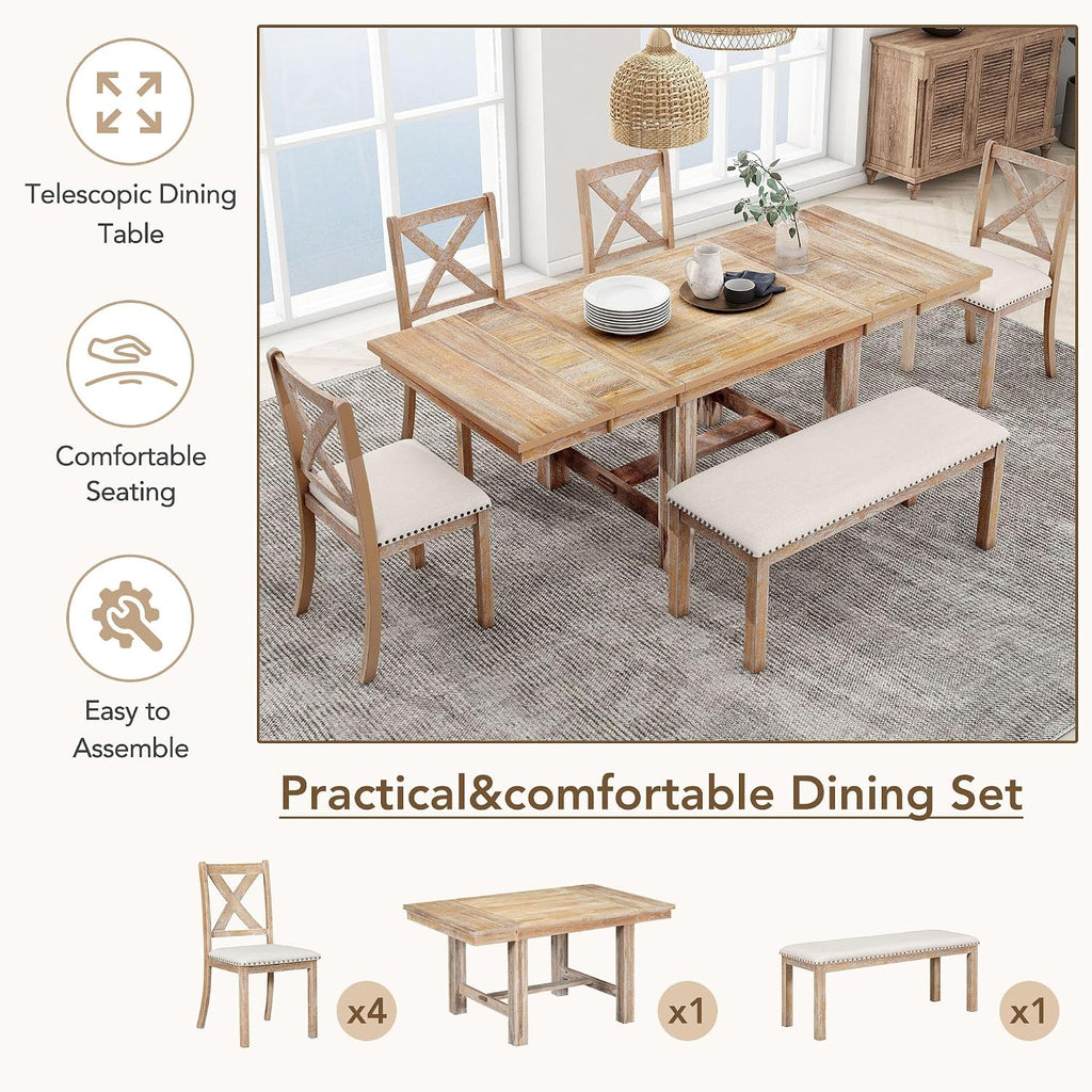 Merax 6-Piece Farmhouse Dining Table with Upholstered Chairs and Bench, Extendable Dining Table with Footrest and Two 11" Removable Leaf, Natural+Beige