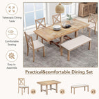 Merax 6-Piece Farmhouse Dining Table with Upholstered Chairs and Bench, Extendable Dining Table with Footrest and Two 11" Removable Leaf, Natural+Beige