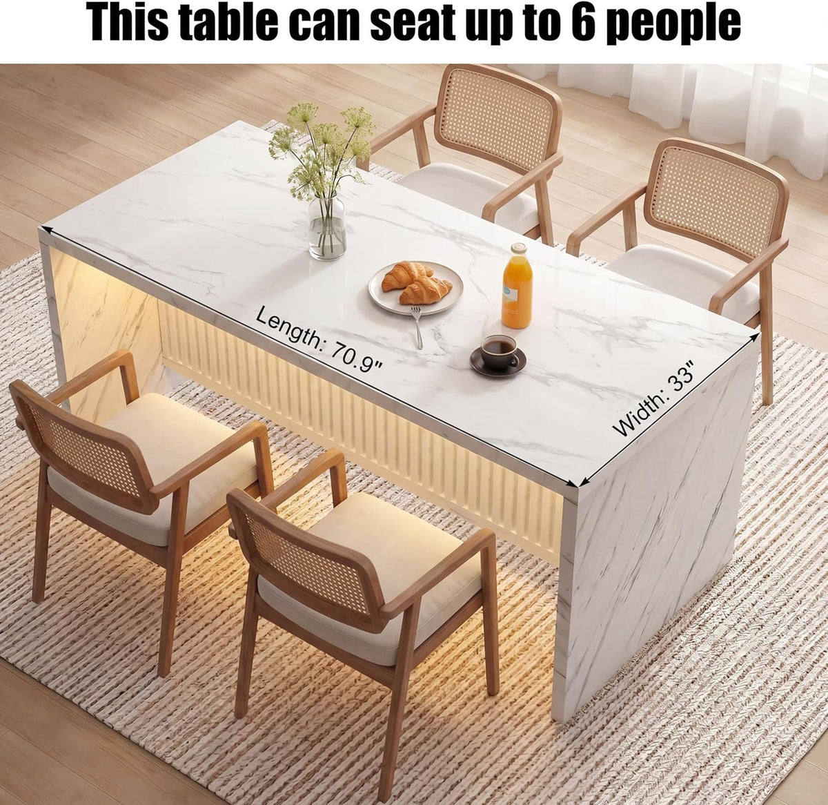 71’’ Large Faux Marble Dining Table for 6 People, 37.4’’H Tall Modern Kitchen Island with LED Lights, Rectangle Kitchen Dining Table for Home
