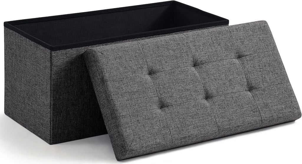 Ornavo Home 30 Inch Folding Storage Ottoman Bench, Tufted Linen, Dark Gray | Upholstered Large Ottoman with Lid; Foot Rest Stool; Ideal for Bedroom, Living Room or Entryway
