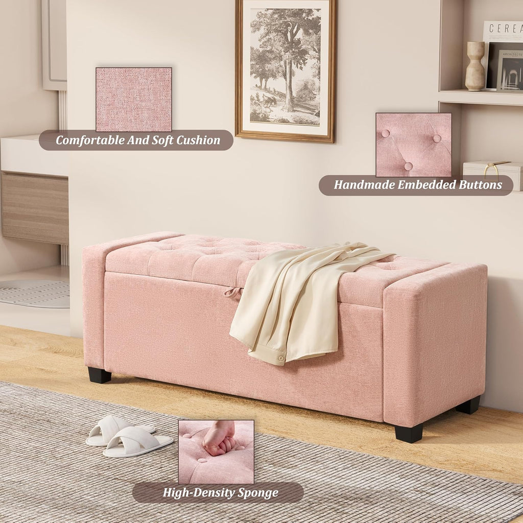 Royal Windsor Ottoman with Storage,Tufted Storage Bench with Safety Hinge,Holds up to 350 lb,Upholstered Bench with Seating for Bedroom, Living Room,Entryway,Pink