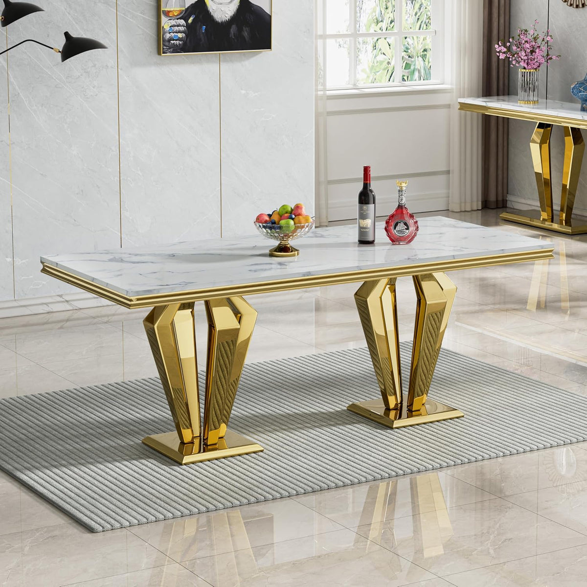 Henf White Gold Faux Marble Dining Table Set for 6, Modern 7-Piece Dining Table Set with 6 Upholstered Chairs, 68" Large Long Marble Kitchen Dining Room Table and Chairs with Stainless Steel Base