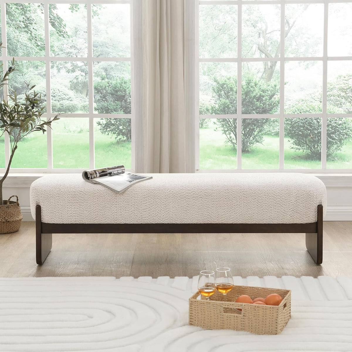 Christopher Knight Home Arden Minimalist Style Rectangular Loop Yarn Fabric Ottoman Bench, Rubberwood Frame, Entryway Bench, Living Room Sofa Extra Seat, End of Bed Footstool, Beige+Brown