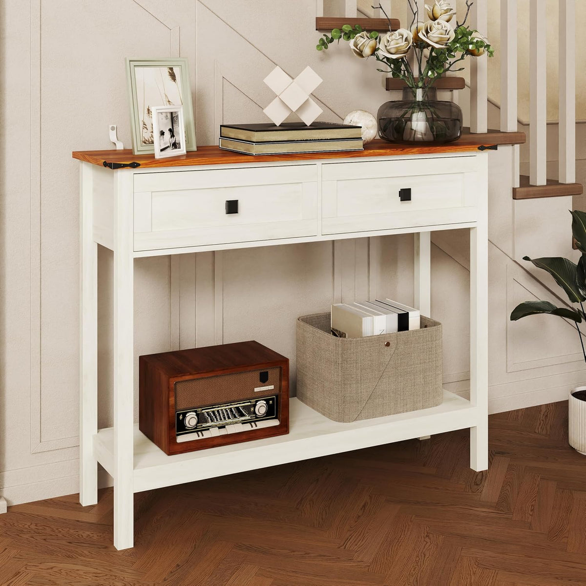 Knocbel Small Console Table with 2 Drawers with Metal Handles, Farmhouse Side Tables with Brown Woodgrain Top and Bottom Shelf for Entryway Living Room, 39.37" W x 11.61" D x 32.08" H, Antique White