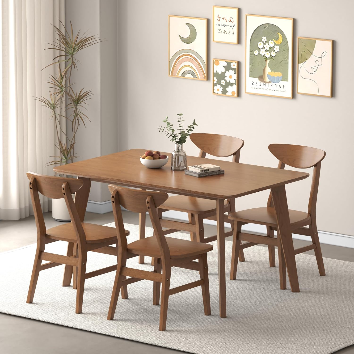 WiberWi 5 Piece Dining Table Set for 4, Solid Wood Kitchen Table Chairs Set of 4, 43.3” Space-Saving Mid Century Modern Dining Room Table, Walnut Home Furniture