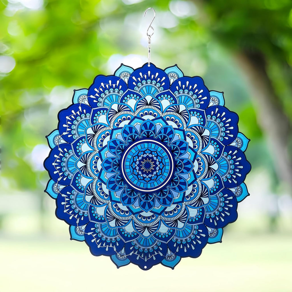 Wind Spinner Yard Art Garden Decor 3D Stainless Steel Metal Sculptures Kinetic Hanging Whirligigs Blue Mandala Decorations Backyard Outside Indoor Outdoor Patio Ornaments Clearance Windmill