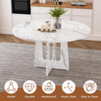 Round Modern Dining Table Set for 4, 47" Circle White Faux Marble Kitchen Table with 4 Grey Velvet Upholstered Dining Chairs,Wooden Kitchen and Dining Room Table Set for Dining Room