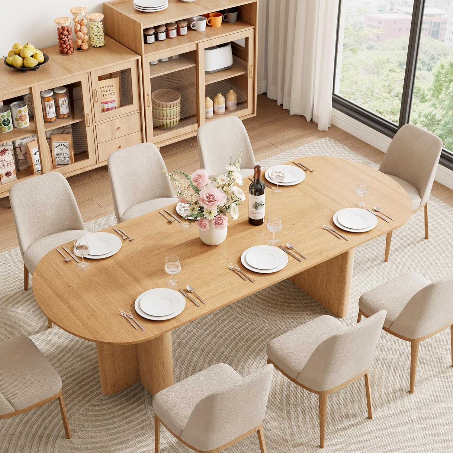 78.75" Oval Oak Dining Table for 6-8 Person, Modern Farmhouse Kitchen Table with Sturdy Legs, Wood Dinner Table for Dining Room Kitchen Living Room, Natural Oak