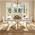 Faux Marble Dining Table Set for 6, Modern Kitchen Table Chairs Set 6, 70" Faux Marble Table with Gold Stainless Steel Leg, 6 White Pu Leather Chairs, 7 Piece Dining Set for Kitchen Living Dining Room
