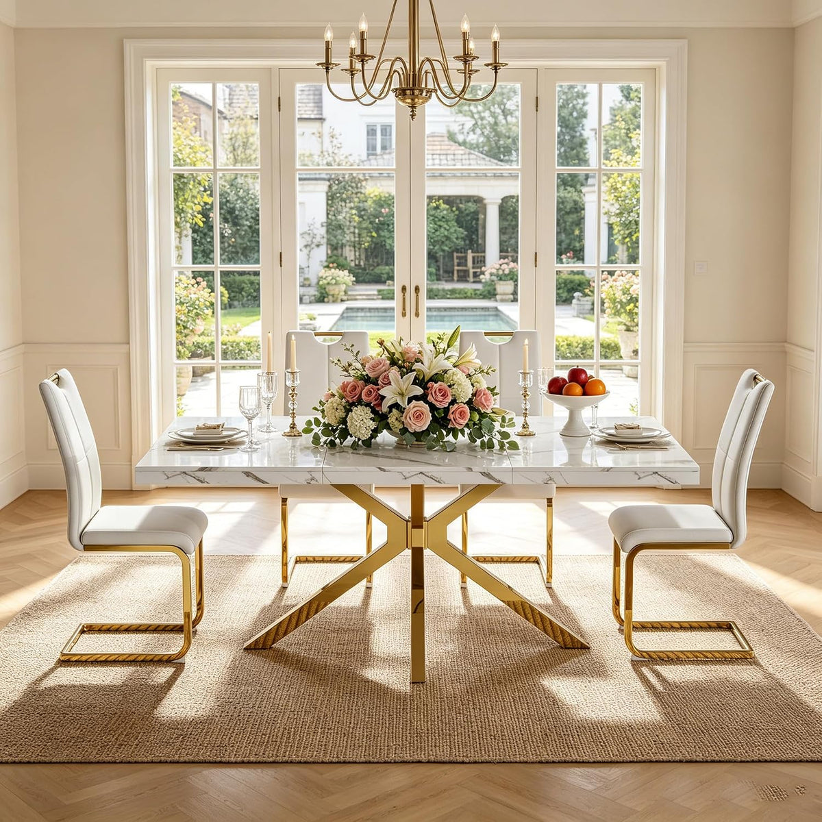 Faux Marble Dining Table Set for 6, Modern Kitchen Table Chairs Set 6, 70" Faux Marble Table with Gold Stainless Steel Leg, 6 White Pu Leather Chairs, 7 Piece Dining Set for Kitchen Living Dining Room
