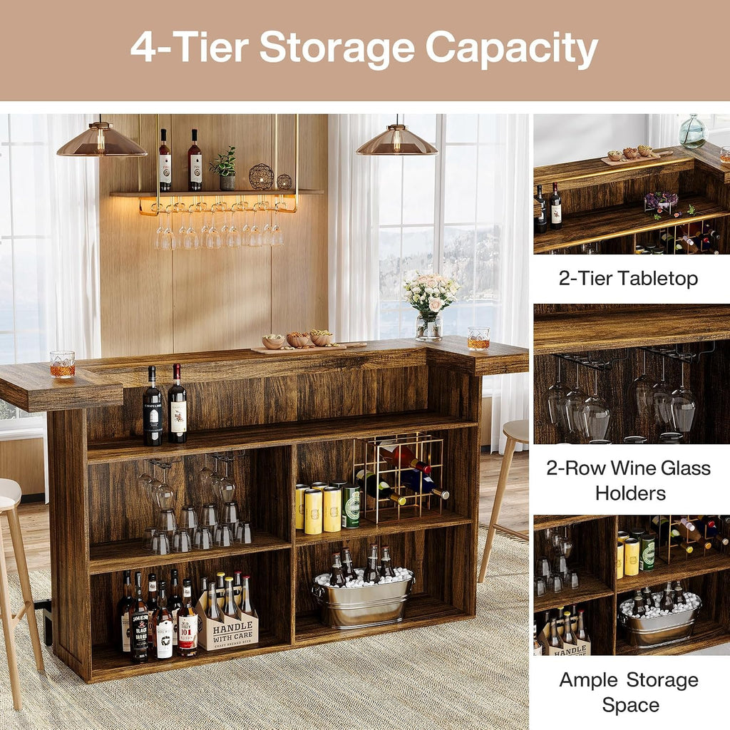 Tribesigns 4-Tier Bar Table, 70.9-Inch Large Home Bar Unit, Brown | with Storage Shelves, Wine Glass Holder and Footrest; for Kitchen, Indoor
