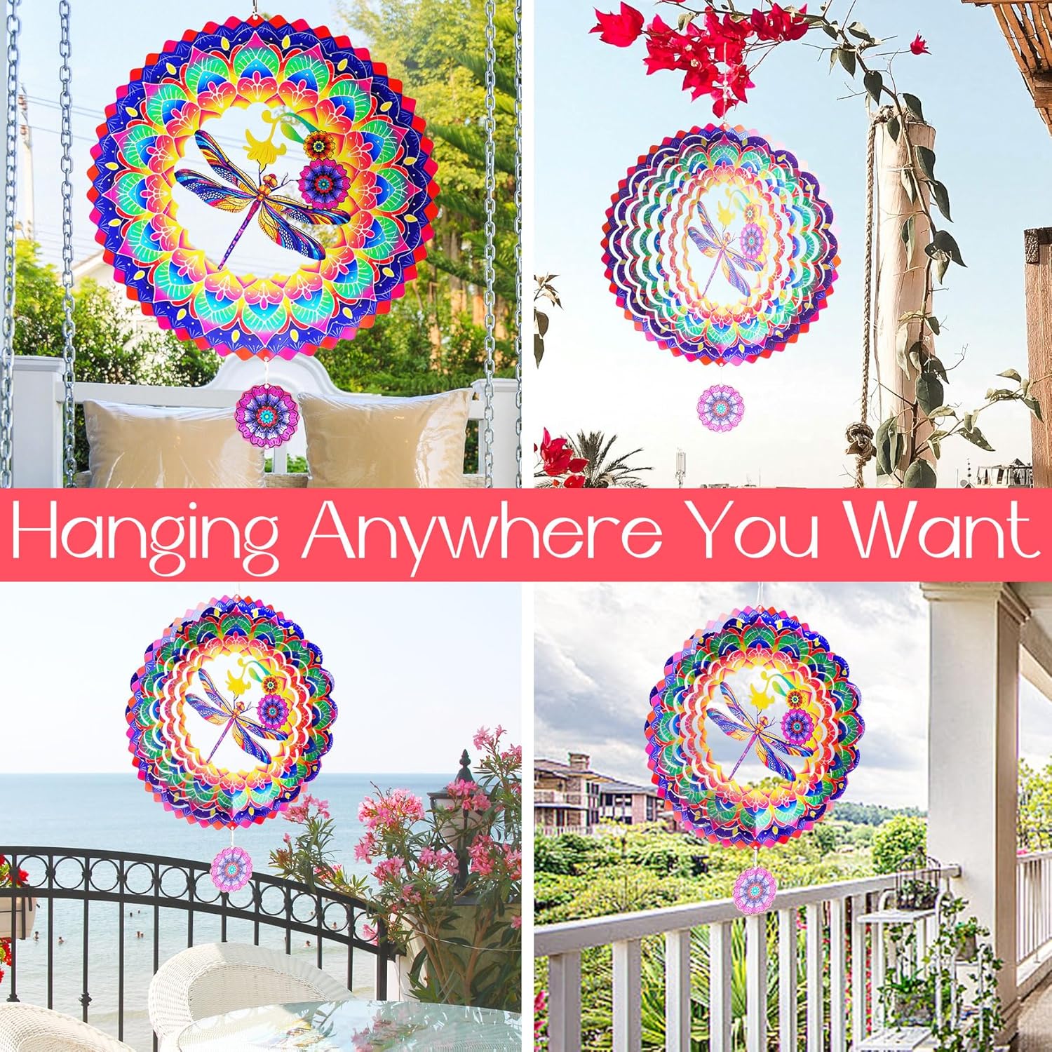 Dragonfly Mandala Wind Spinners Garden Yard Decor Gift for Women Men, 12 Inch Outdoor Metal 3D Wind Spinner, Stainless Steel Hanging Wind Catchers Kinetic Sculpture for Outside Decoration