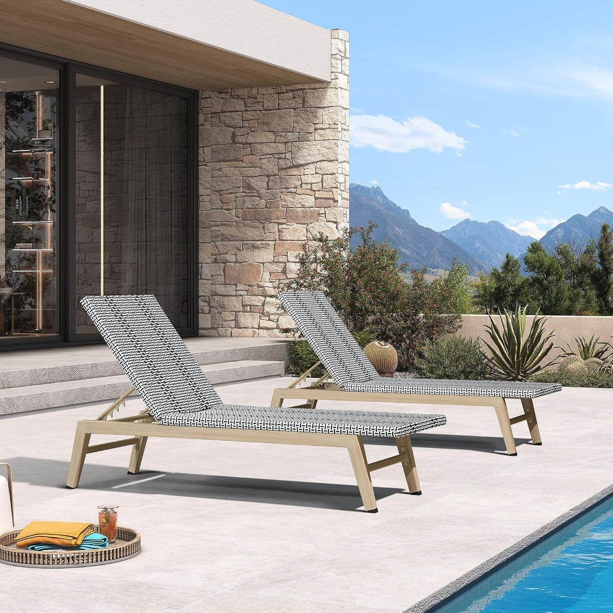 PURPLE LEAF Oversize Outdoor Chaise Lounge Set of 2 Champagne Frame, White | 3-Year Color Retention PE Rattan, 2.4" Thickened Aluminum Frame, 16.14" Knee-Friendly Height, French-Inspired Style