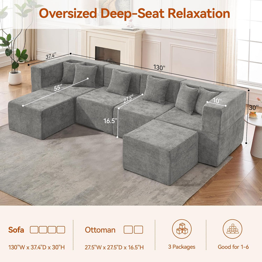 MONVANE Modular Sectional Cloud Couch for Living Room - 130'' 6 Seater Convertible Chenille Couches Set with Ottoman, No Assembly Compression Sofas, Comfy Floor Sofa with Memory Foam, Light Grey
