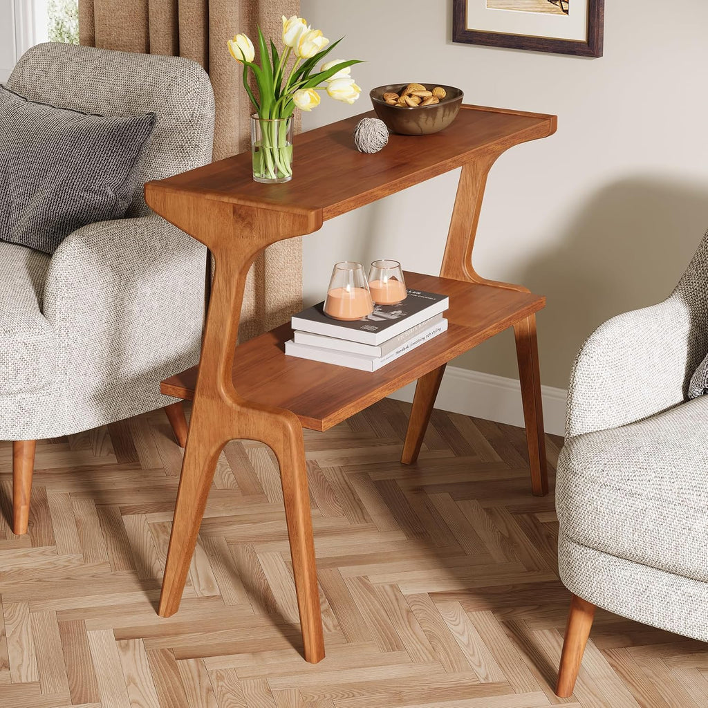 Tribesigns Set of 2 Solid Wood Side Table, 2-Tier Couch End Table with Storage Shelves, Mid-Century Modern Sofa End Table with Cute Legs, Wooden Bedside Table for Bedroom, Living Room, Cherry