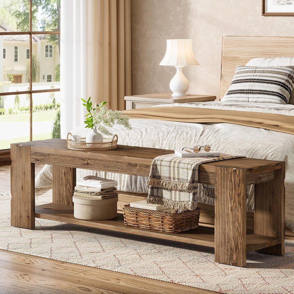 Solid Wood Entryway Bench with Storage Shelf, 55.12-Inch 2-Tier Wood Shoe Bench Seating for Entrance, Hallway, Dining Room, Living Room, Mudroom, Bedroom, Rustic Brown