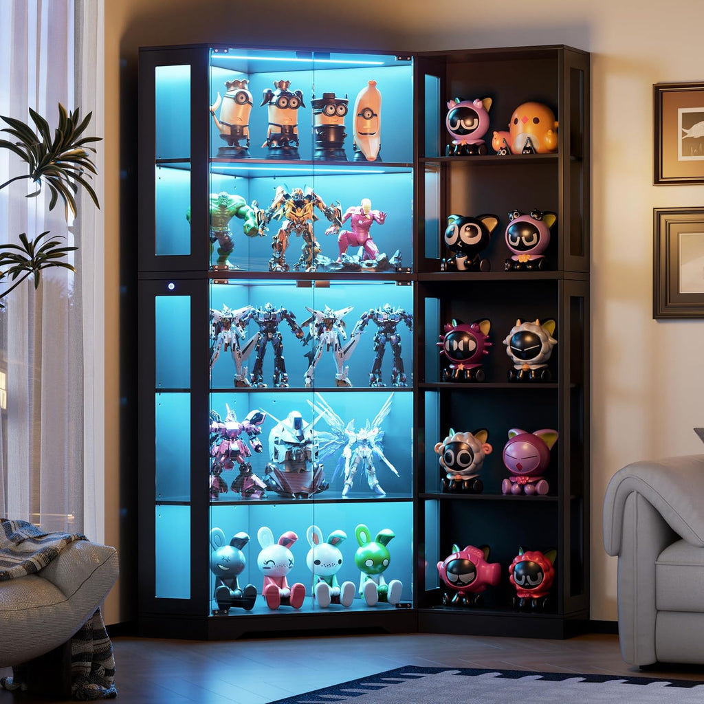 PAKASEPT Corner Display Curio Cabinet with Glass Doors, Glass Display Case with LED Lights for Collectibles,Display Storage Shelves for Living Room,Black