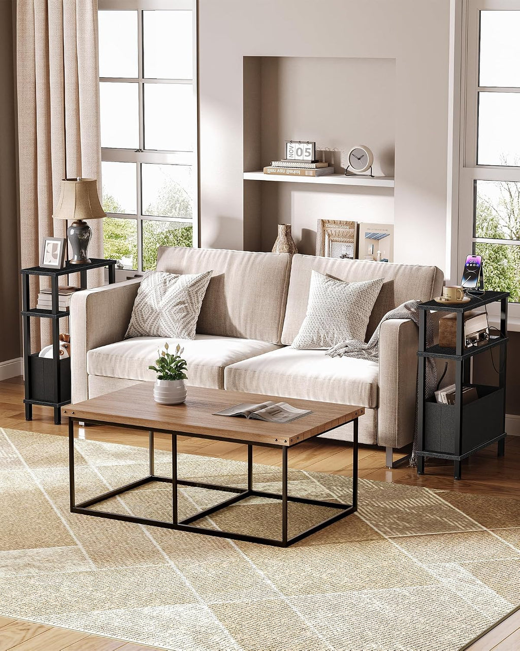 CHOEZON Set of 2 End Tables with Charging Station, Narrow Side Table for Small Spaces, Slim Nightstand with Basket, Skinny Bedside Table, for Living Room, Bedroom, Black TBZ07UP2BBN1