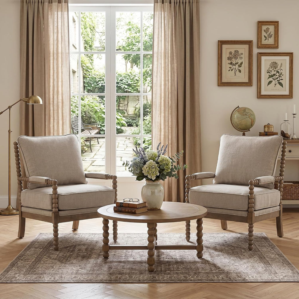 DUHOME Linen Fabric Spindle Accent Chair with Wood Frame,Modern Accent Chairs with Padded Spring Seat and Brushed White Base for Living Room Bedroom Farmhouse Home Office Belcony