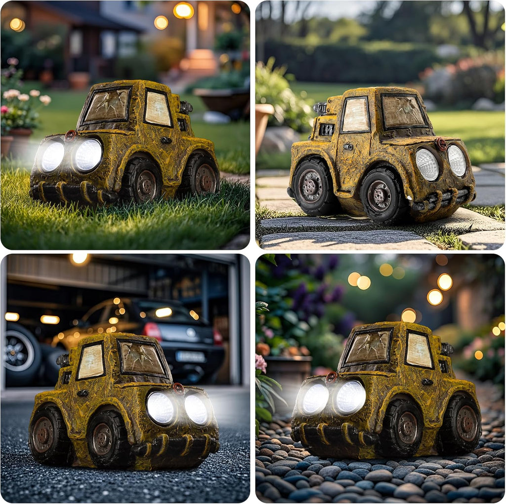 Garden Statue Outdoor Solar Car Decor with LED Light Vintage Resin Sculpture Construction Vehicle Rustic Decoration for Lawn Patio Yard Gifts for Women