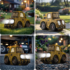 Garden Statue Outdoor Solar Car Decor with LED Light Vintage Resin Sculpture Construction Vehicle Rustic Decoration for Lawn Patio Yard Gifts for Women