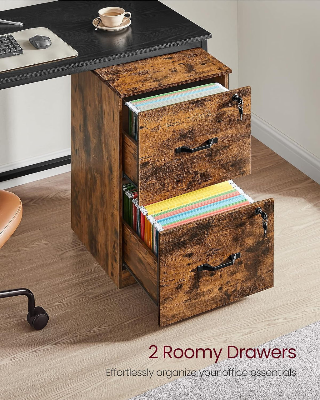 VASAGLE Custos Collection - 2 Drawers File Cabinet with Lock, Printer Stand, Office Filing Cabinet Organizer, for A4 and Letter Size Documents, Rustic Brown UOFC061K101S