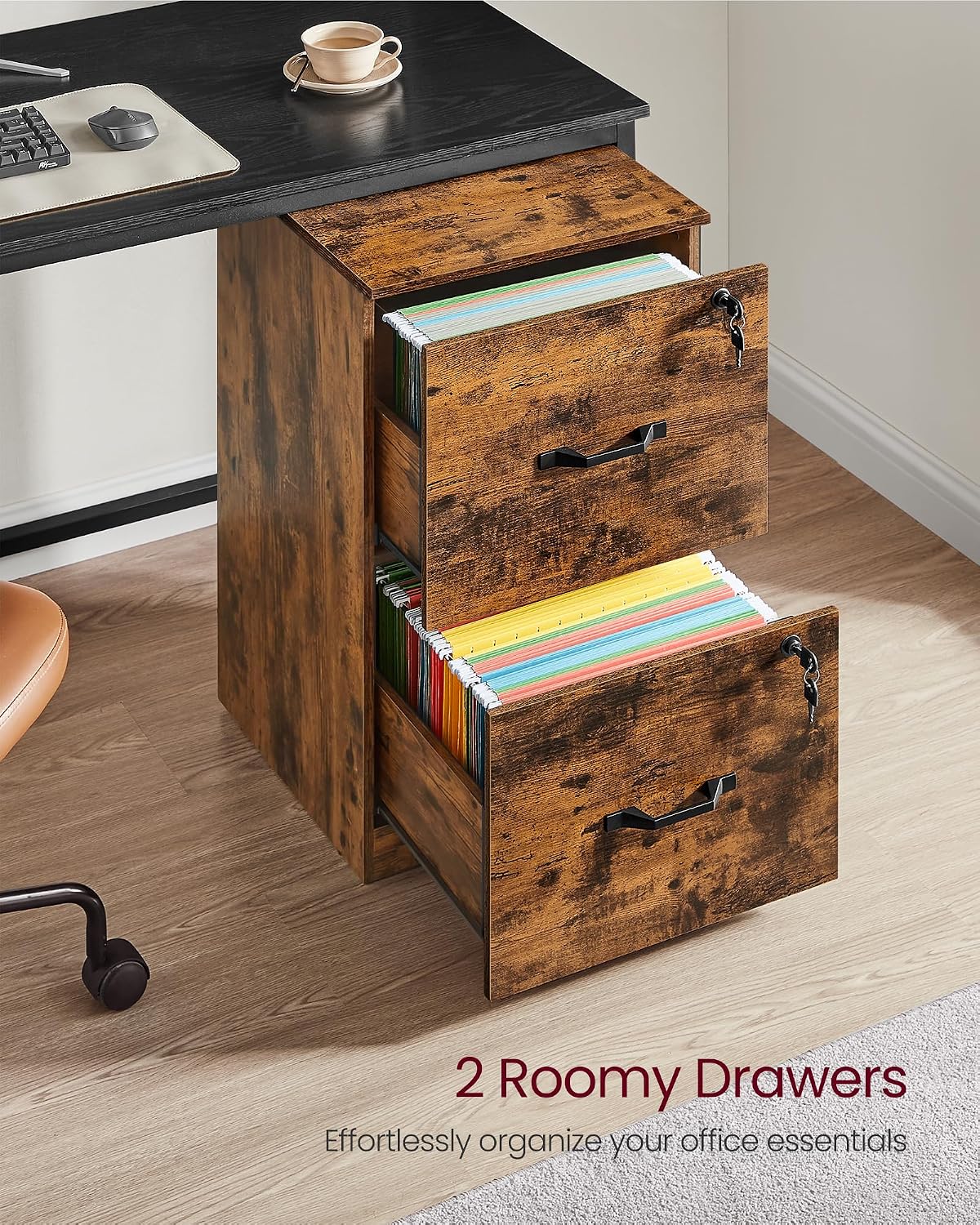 VASAGLE Custos Collection - 2 Drawers File Cabinet with Lock, Printer Stand, Office Filing Cabinet Organizer, for A4 and Letter Size Documents, Rustic Brown UOFC061K101S