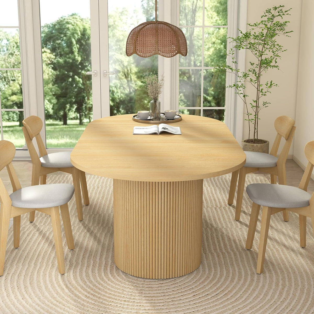 Extendable Dining Table 41–78 Inch, Round to Oval Expandable Kitchen Table for 4–8 People, Fluted Base Modern Farmhouse Design for Dining Room or Living Room, Natural Wood Finish