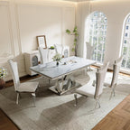Modern 70" White Marble Dining Table for 6-8 – Rectangular Faux Marble Kitchen & Dining Room Table with Silver Stainless Steel X-Shape Bases, Living Room Furniture