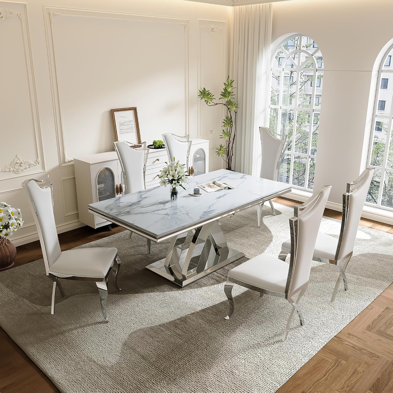 Modern 70" White Marble Dining Table for 6-8 – Rectangular Faux Marble Kitchen & Dining Room Table with Silver Stainless Steel X-Shape Bases, Living Room Furniture