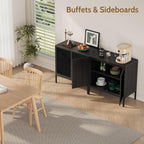 Yechen Full Black Rattan Cabient, Boho Sideboard Cabinet with Natural Rattan Decorated Doors, 31.5" W Accent Cane Credenza Buffet Console Storage, for Living Room Entryway Kitchen, Metal Legs/Set of 3